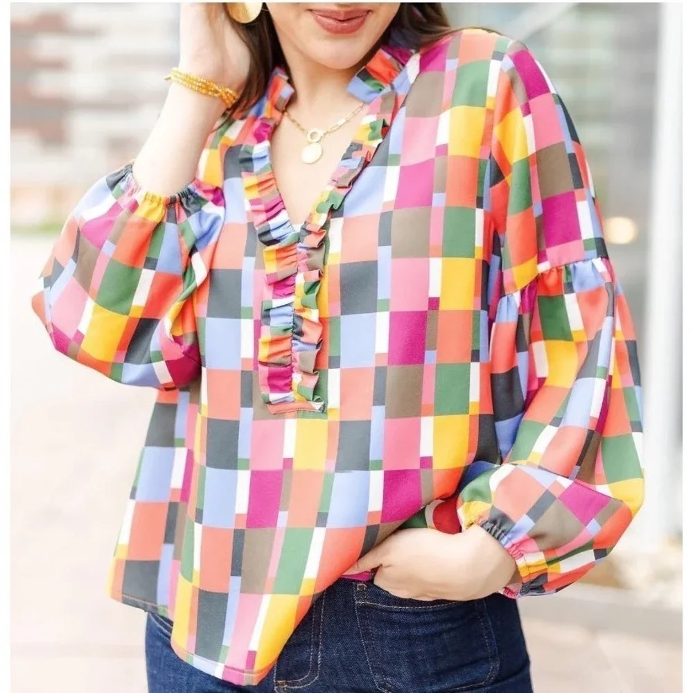 Michelle McDowell Ruffle Neck Blouse Women S‎ Multicolor NEW Patchwork Geometric